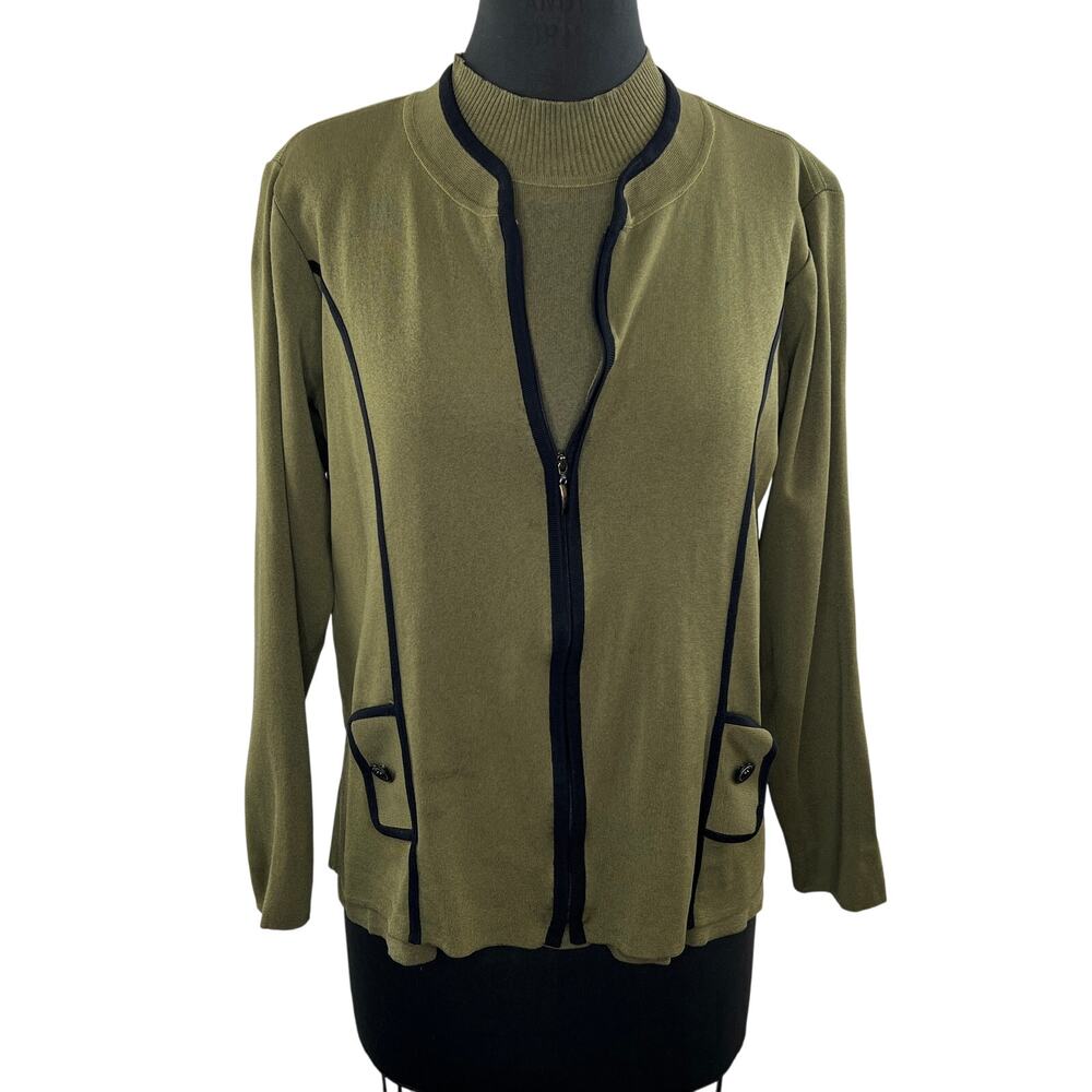 MISOOK Olive Green Knit Zip Up Jacket Mock Neck Tank Shell Twin Set 2 Piece L LG